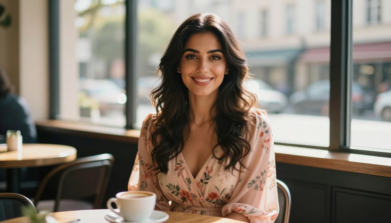 Middle Eastern woman in a sunlit cafe smiling