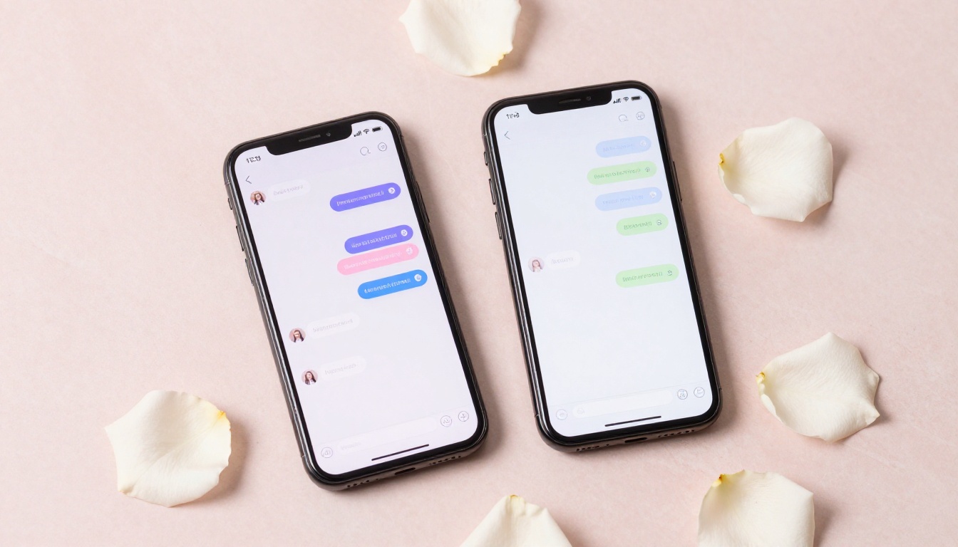 Two smartphones on marble surface surrounded by white rose petals