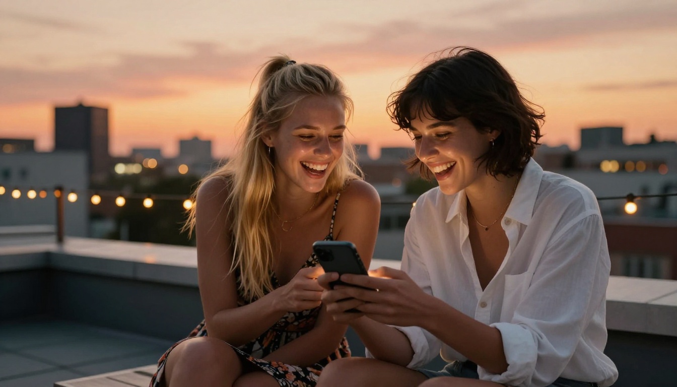 Two friends on a rooftop sharing a phone at sunset