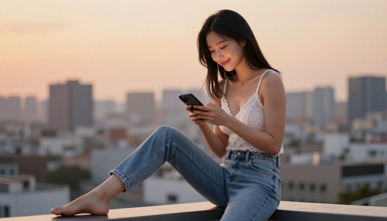 Korean woman on a balcony smiling at her phone, golden city skyline bokeh behind her