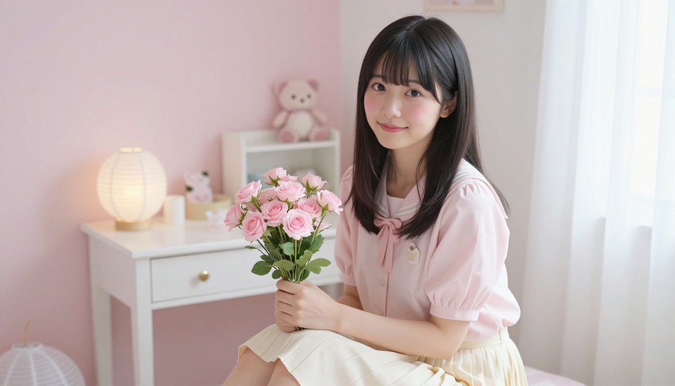 Japanese woman in pastel kawaii outfit at vanity desk, holding pink flowers, shy playful smile