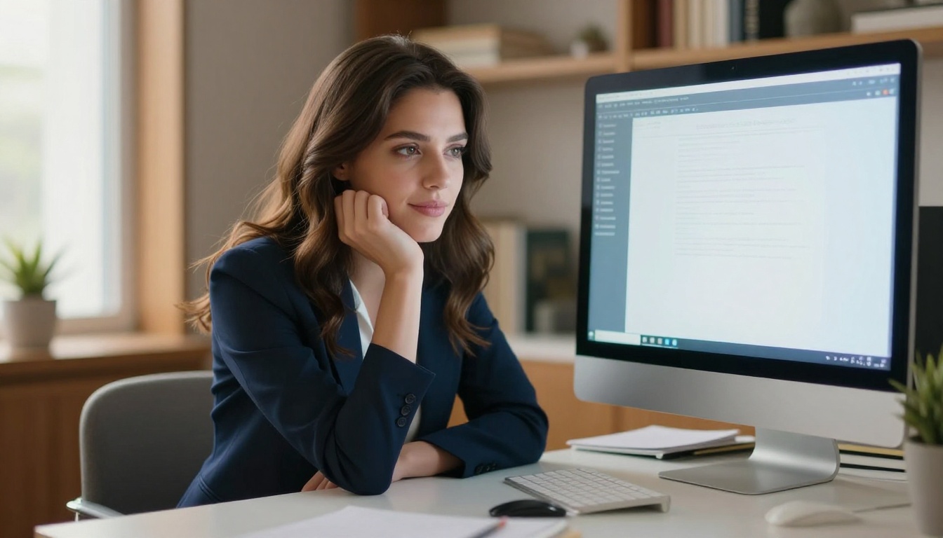 Brunette woman at home office leaning toward monitor