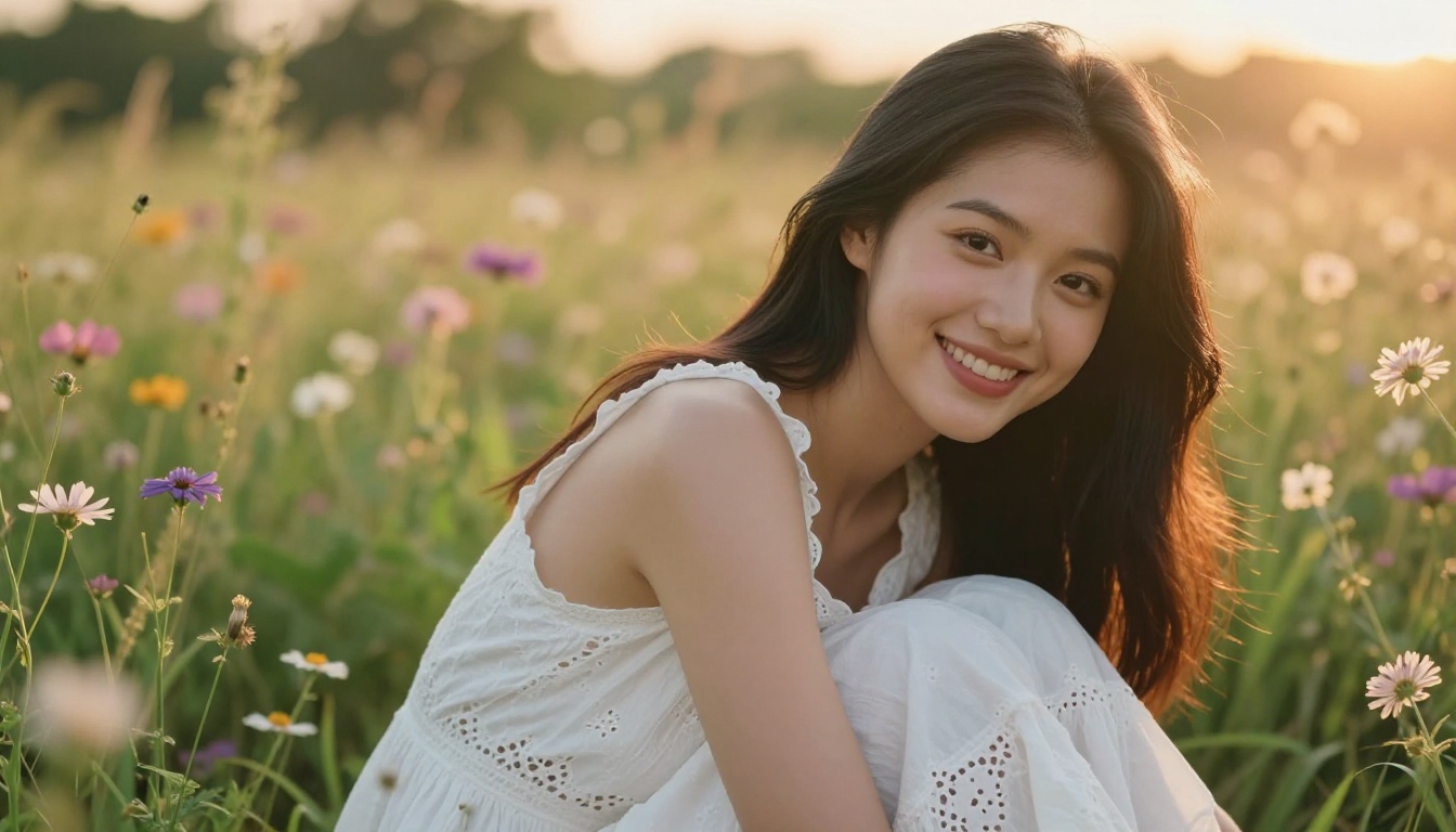 Southeast Asian woman in golden hour garden setting