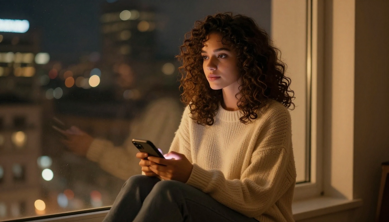 Young woman with curly hair sitting on a window ledge at night
