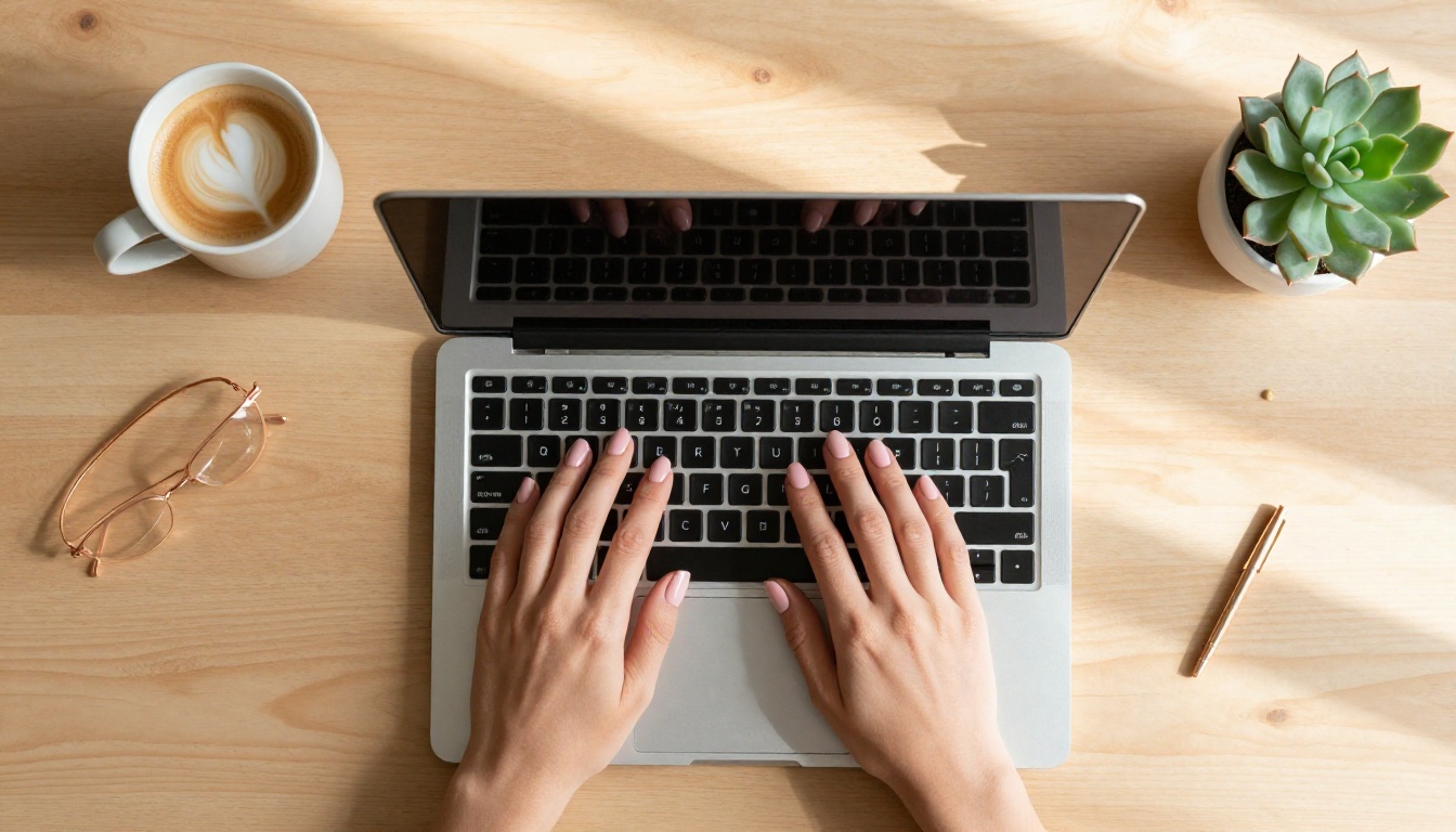 Aerial view of hands on laptop