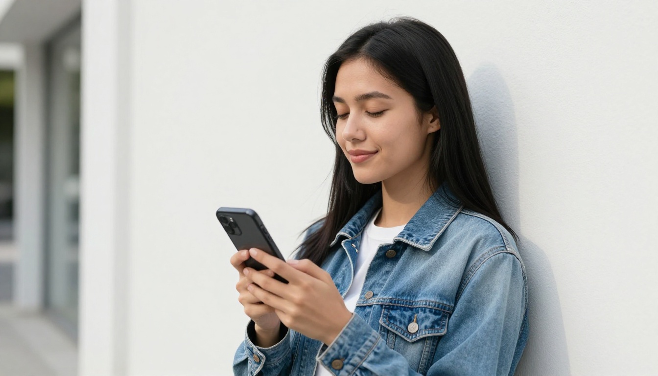 Woman with black hair against a white wall, phone to her chest