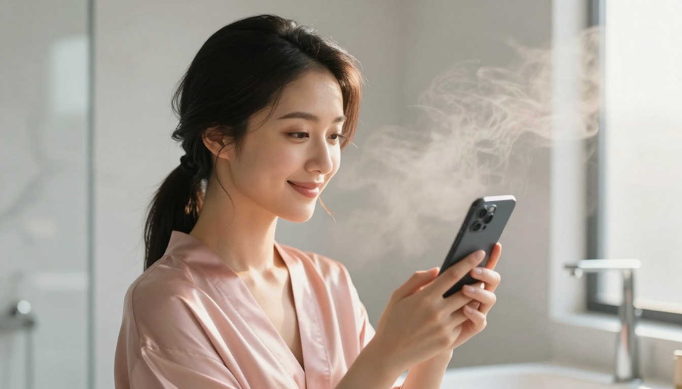 Japanese woman with smartphone smiling