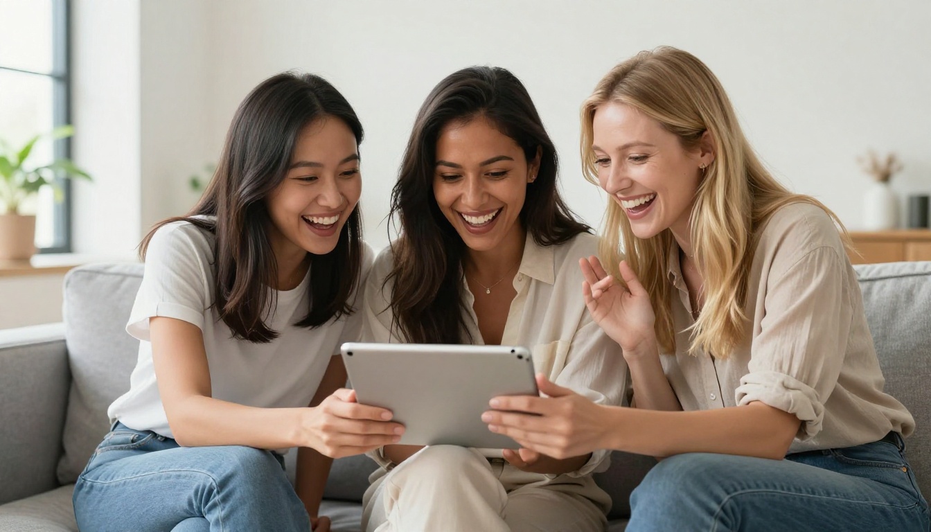 Three diverse women sharing tablet together