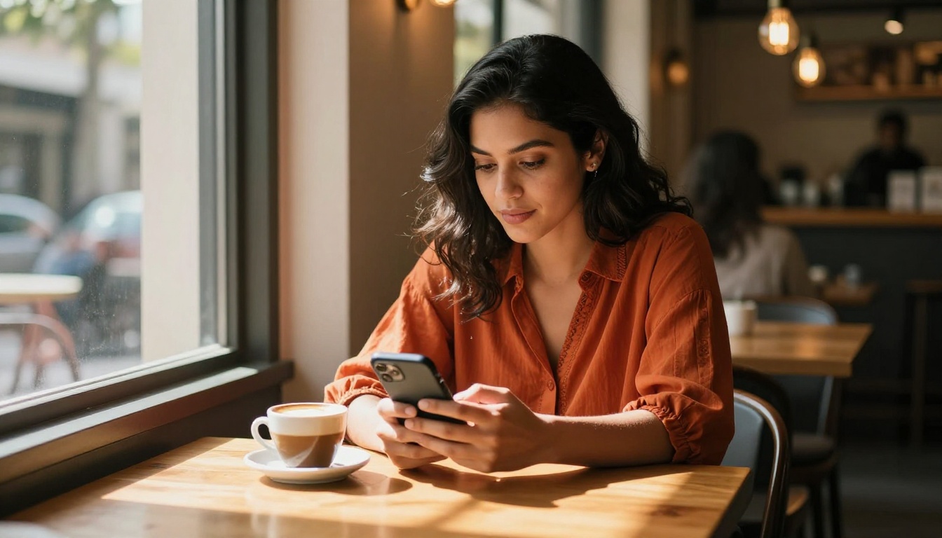 Beautiful Latina woman at a sunlit café browsing AI companion app on her phone, warm afternoon golden light, authentic candid moment