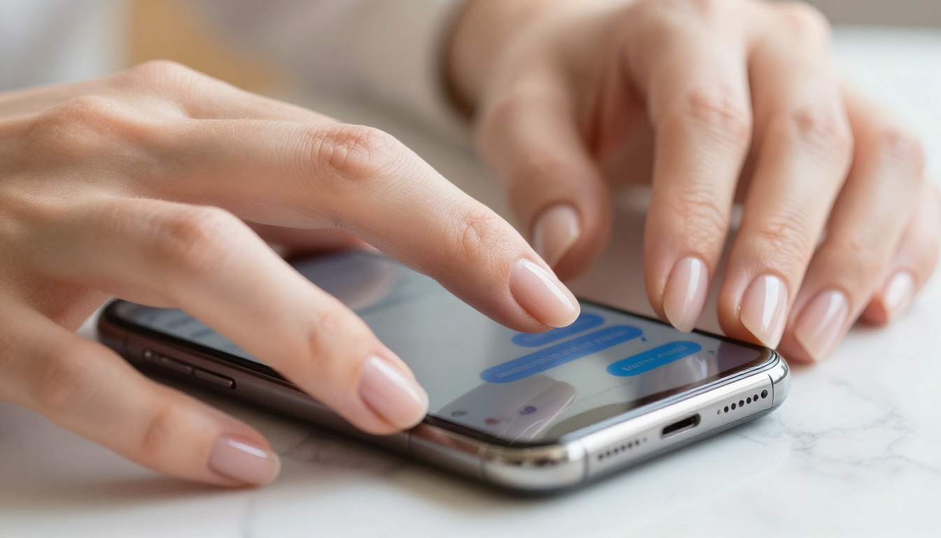 Close-up macro shot of feminine hands typing on a smartphone chat interface, marble surface, crisp morning light, photorealistic 8k detail