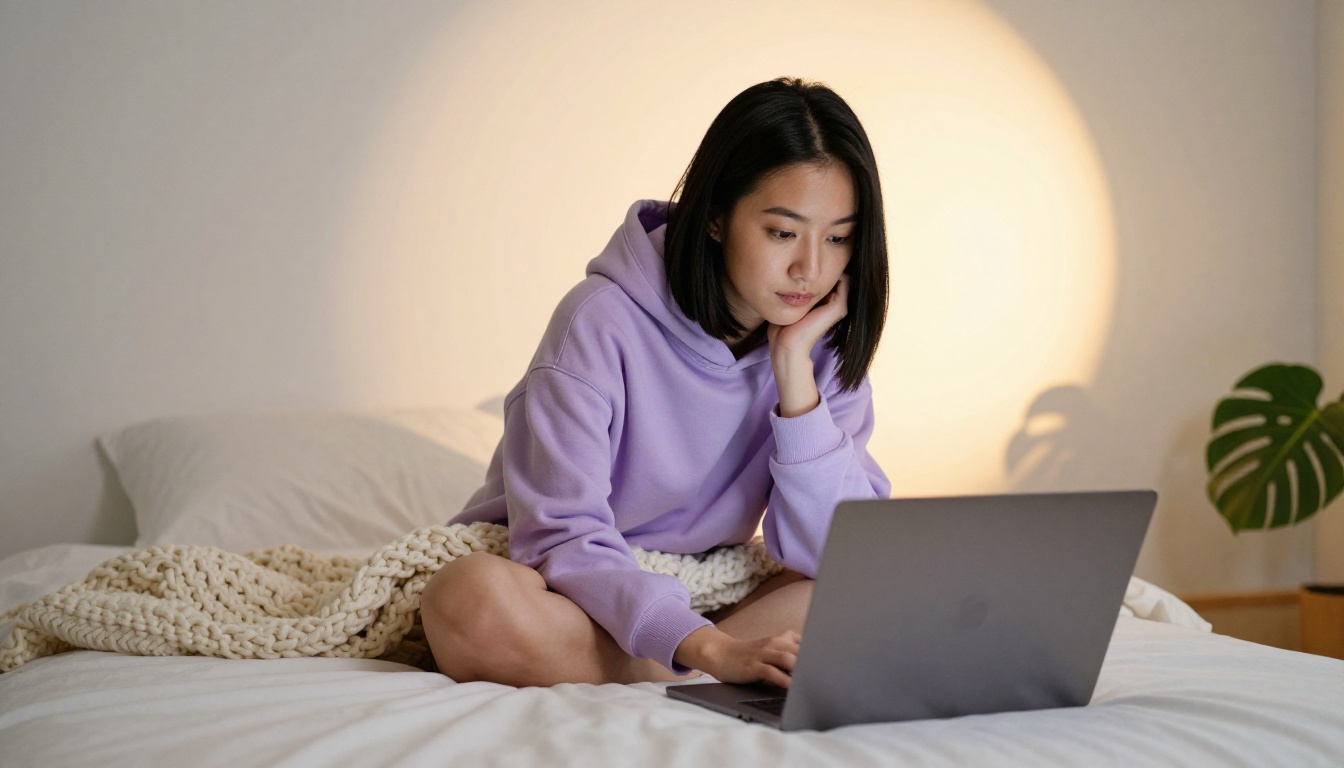 Beautiful Asian woman in cozy bedroom with laptop open, warm evening lamp light, relaxed cross-legged pose, Kodak Portra 400 grain