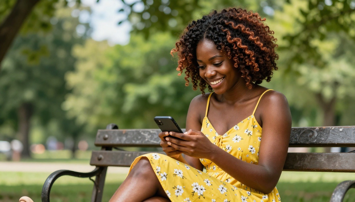 Radiant African-American woman in yellow sundress sitting in sunny park, smiling at phone with pure joy, natural dappled light