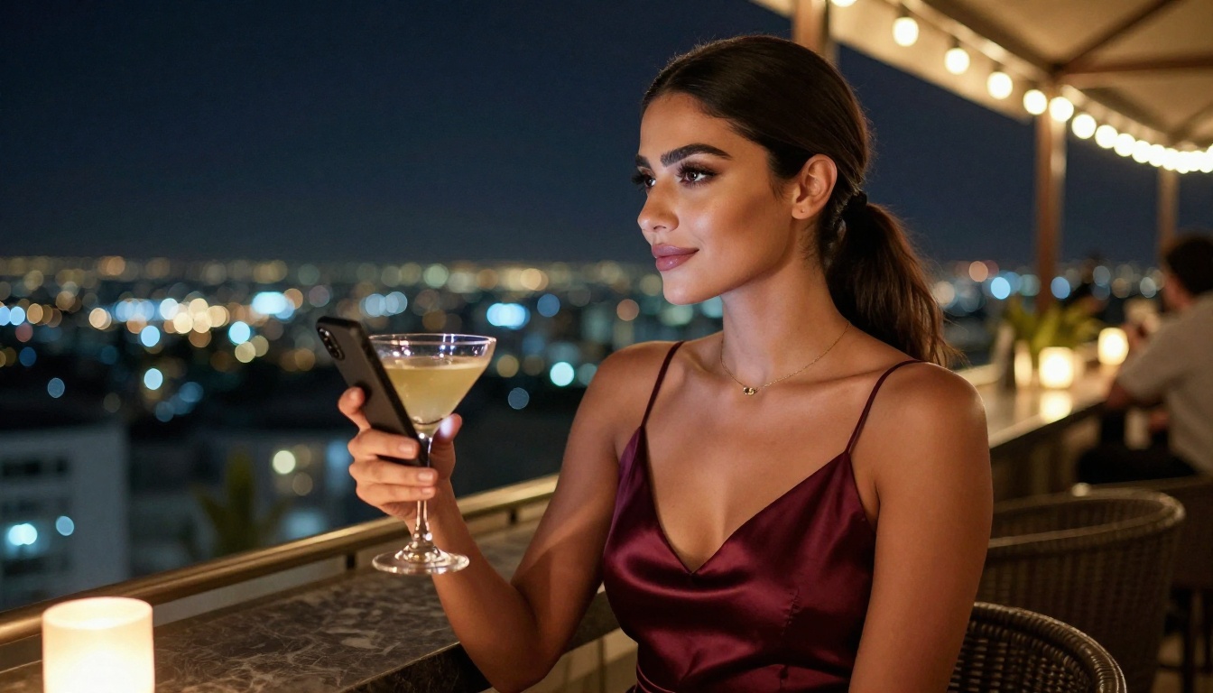 Elegant Middle Eastern woman at rooftop bar overlooking glittering night cityscape, deep burgundy satin dress, moody atmospheric lighting