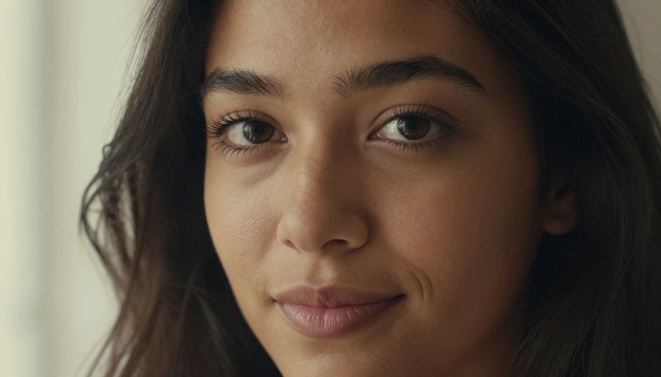Stunning close-up portrait of young woman with direct eye contact, intimate Rembrandt window lighting, soft cream bokeh, photorealistic detail