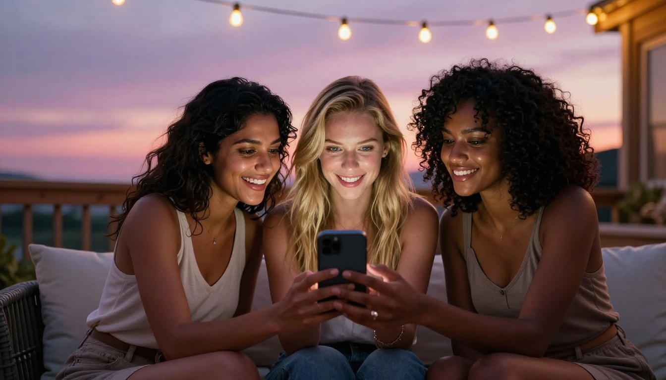 Three diverse women sitting together on outdoor deck at dusk sharing a phone, string lights glowing warm gold, beautiful twilight atmosphere