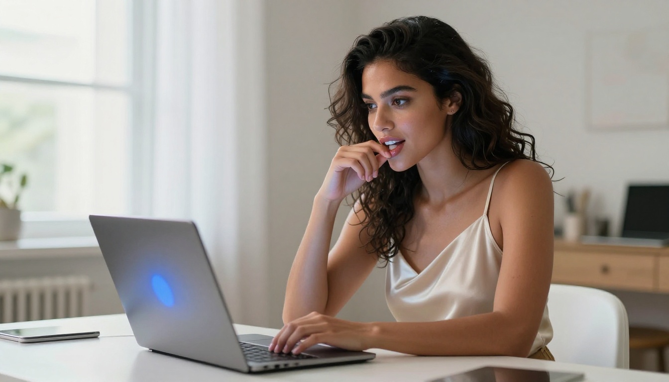 A stunning woman in an ivory camisole sitting at her laptop, screen glow illuminating her face in a minimalist apartment
