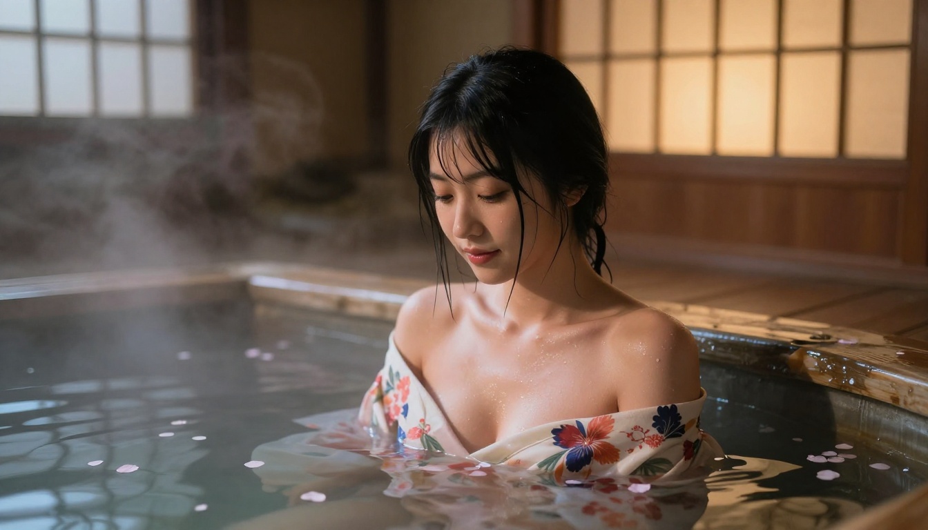 Japanese woman in a floral kimono sitting in a steaming onsen bath, serene expression, cherry blossoms on the water