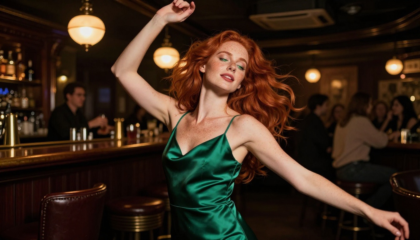 Redhead woman in an emerald silk slip dress dancing alone in a jazz bar, amber pendant lighting, low angle shot