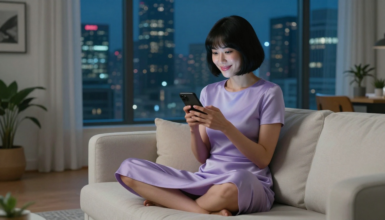 Korean woman in a lavender satin slip dress sitting on a cream sofa, city night lights behind her, playful smile at her phone