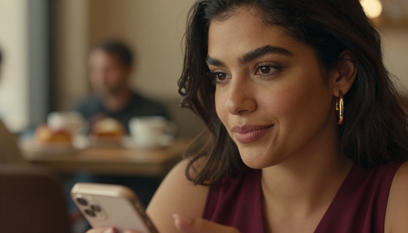 A stunning Latina woman with warm caramel skin glancing at her phone in a sunlit café, candid and authentic expression