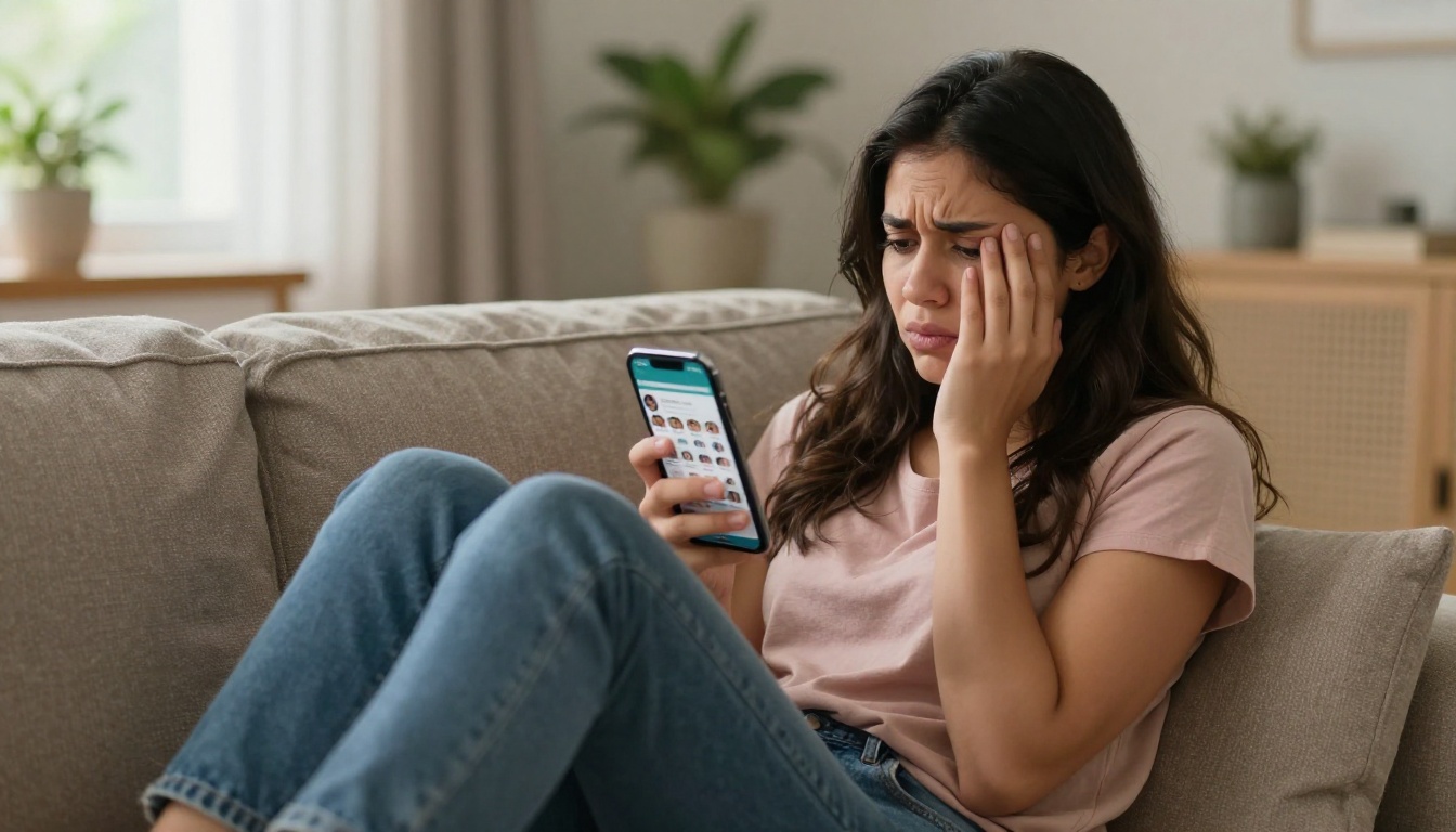 Woman frustrated with dating apps on her phone