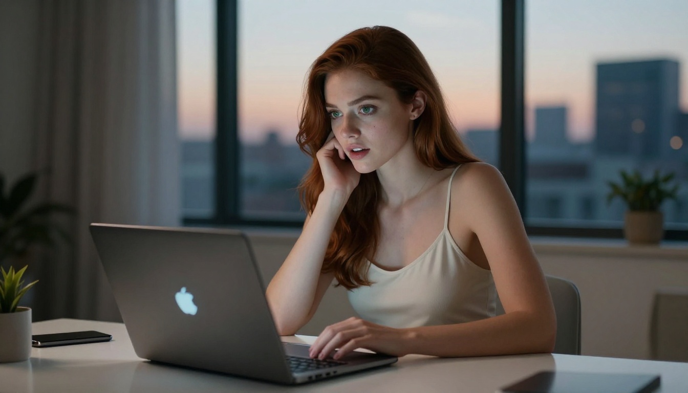 Beautiful woman browsing AI video tools on laptop at dusk