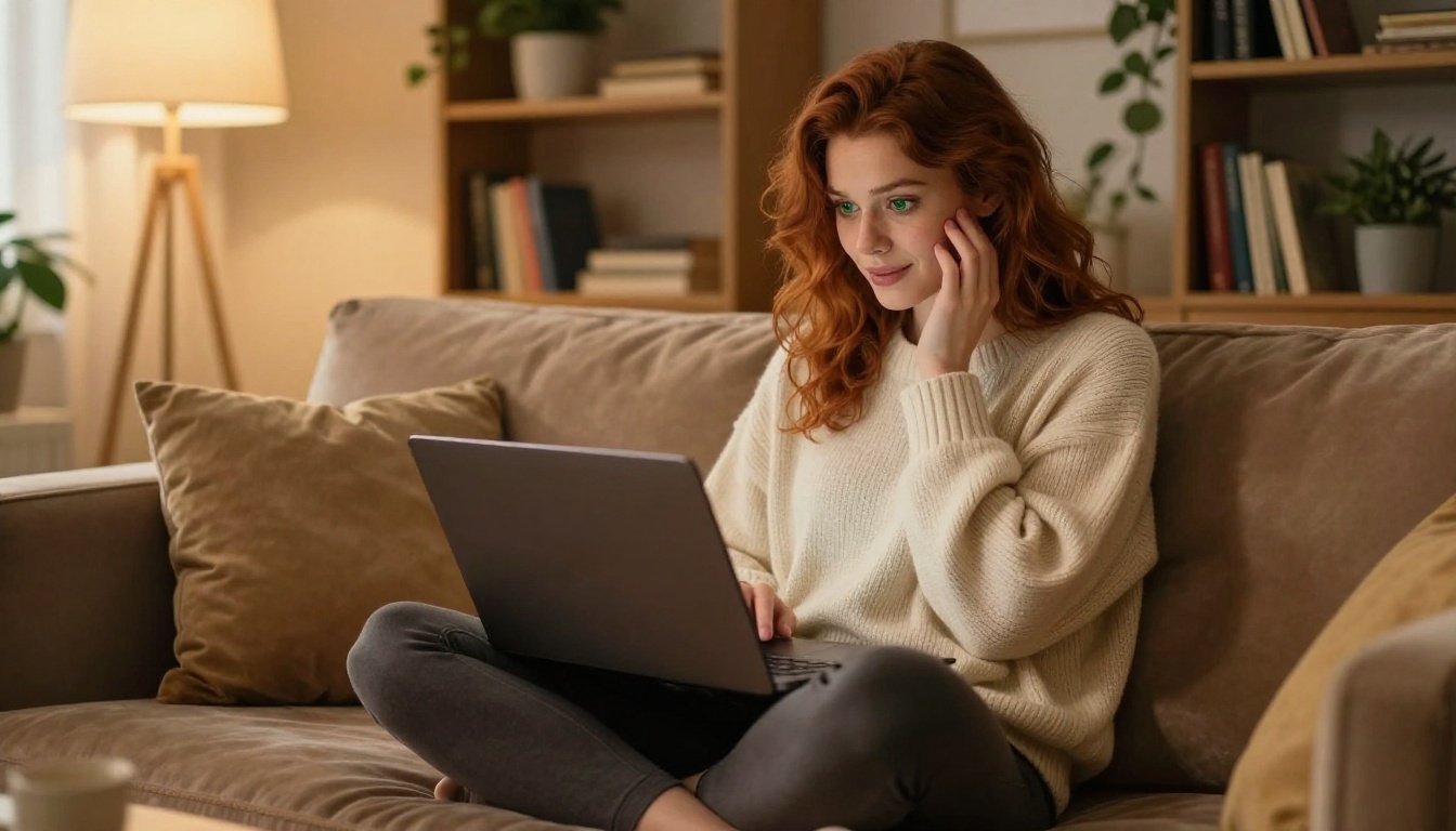 A beautiful European woman with auburn hair sitting cross-legged on a velvet sofa with a laptop, candid and cozy atmosphere