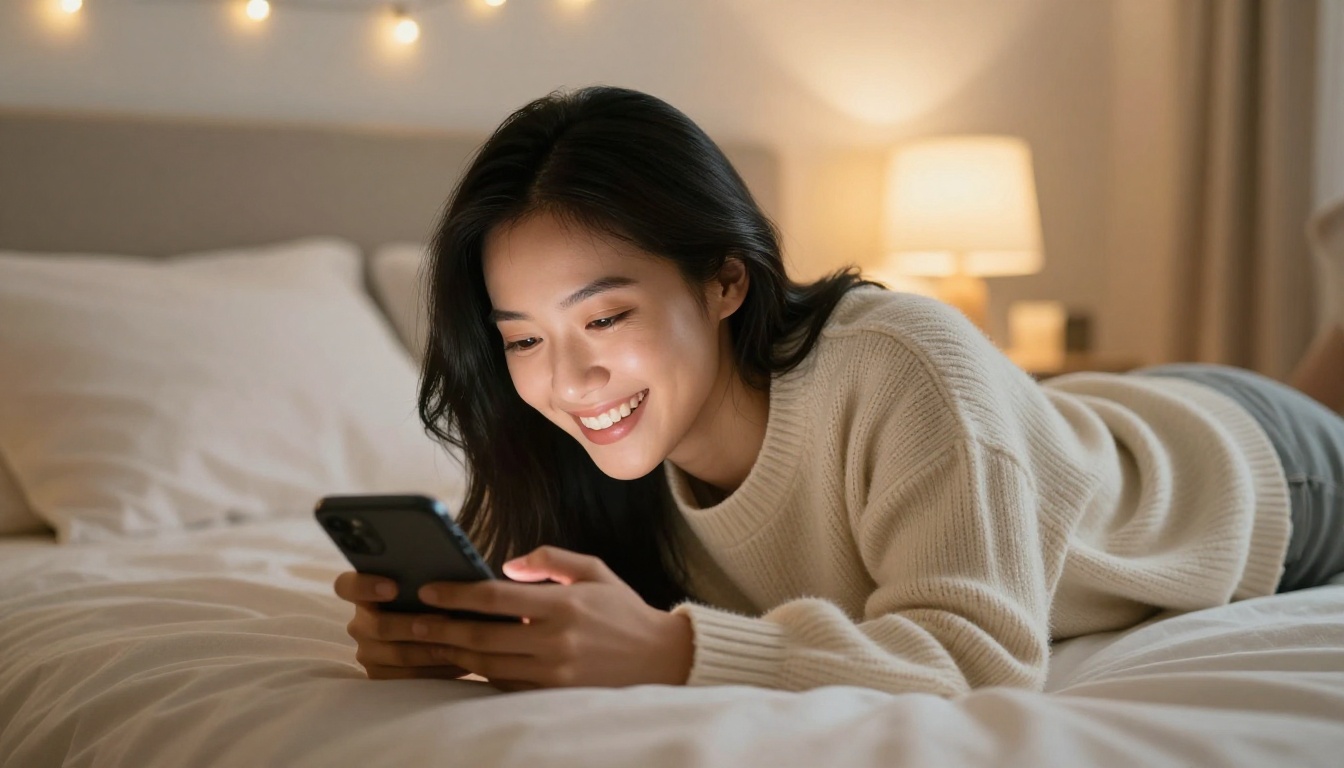 Young Asian woman smiling happily while chatting on her phone in bed