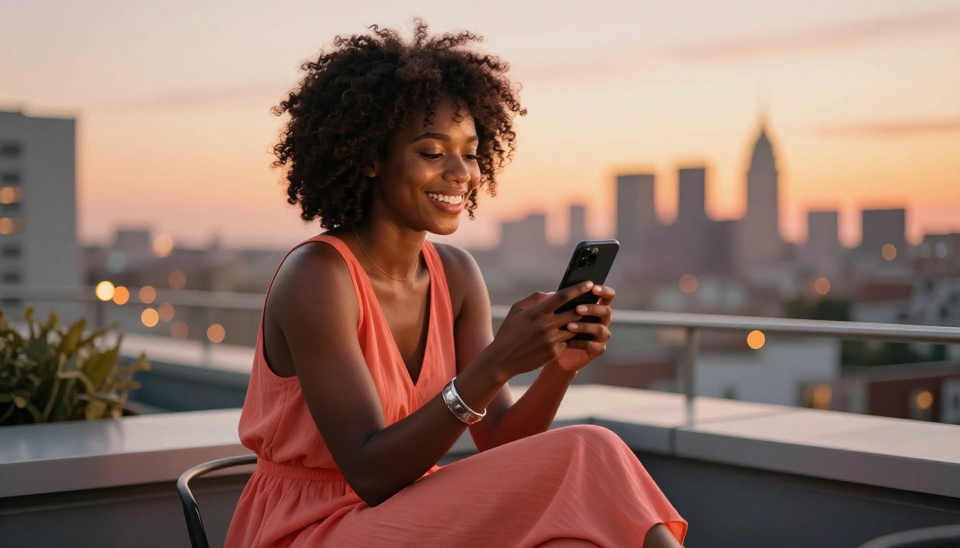 A stunning African American woman smiling at her phone at a rooftop sunset, joyful and authentic expression
