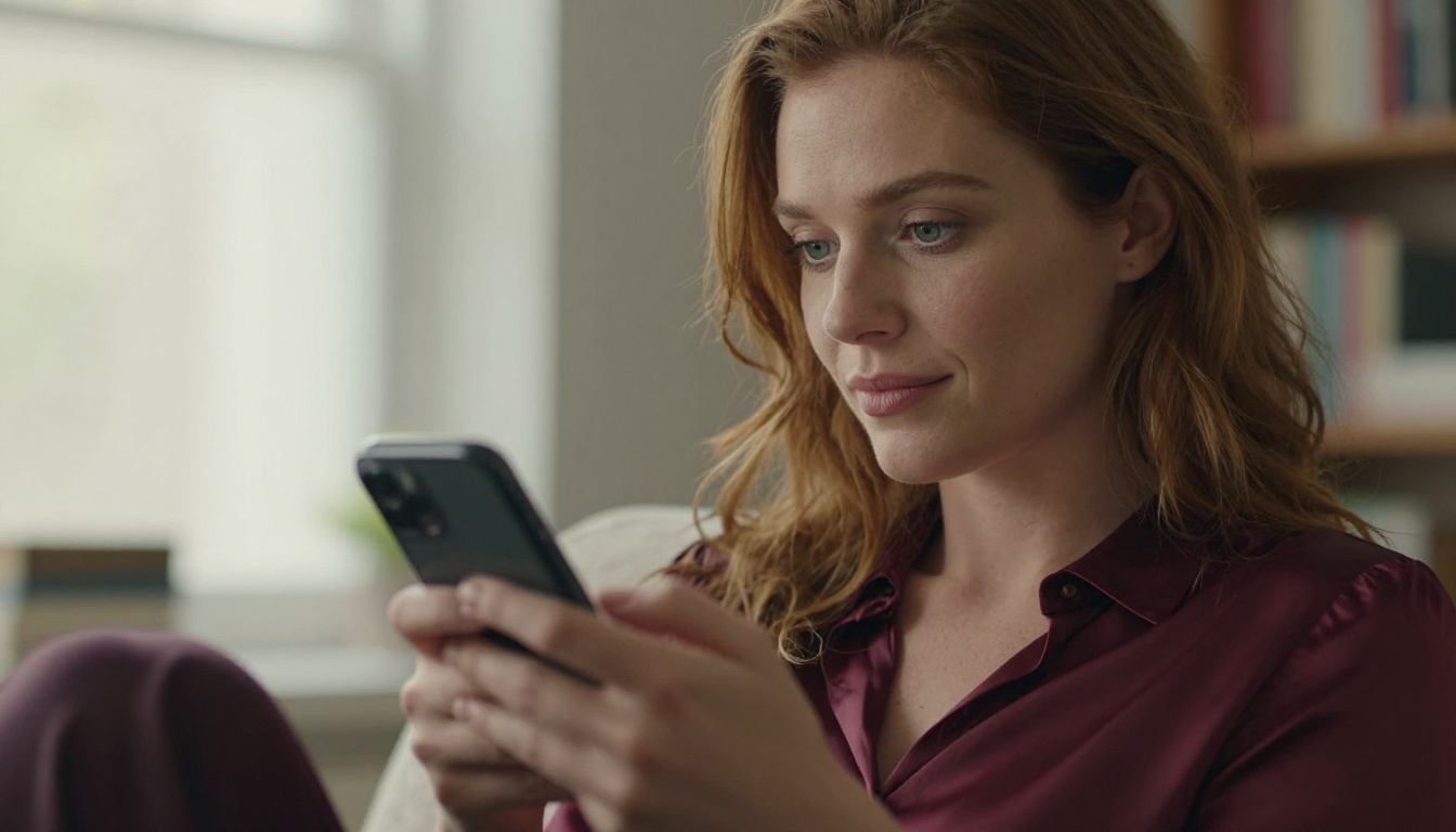 European woman holding her phone in a private, reflective moment by a window
