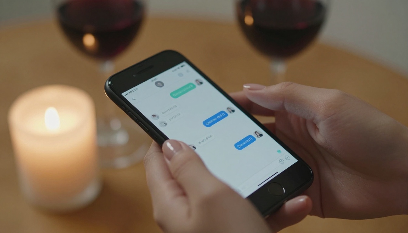 Close-up of hands holding a smartphone by candlelight, warm romantic atmosphere with wine glass bokeh in background
