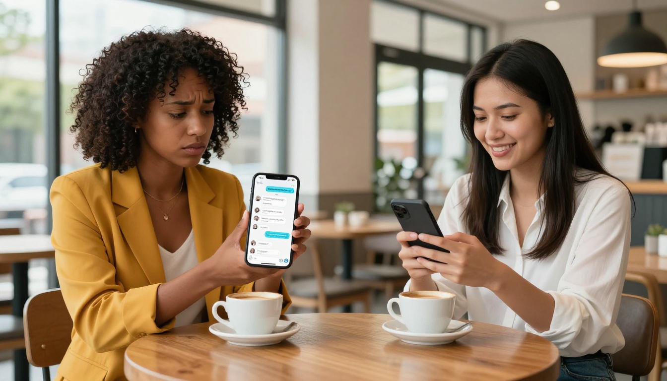 Two women sitting at a coffee shop, one frustrated with a dating app and one smiling at an AI chat