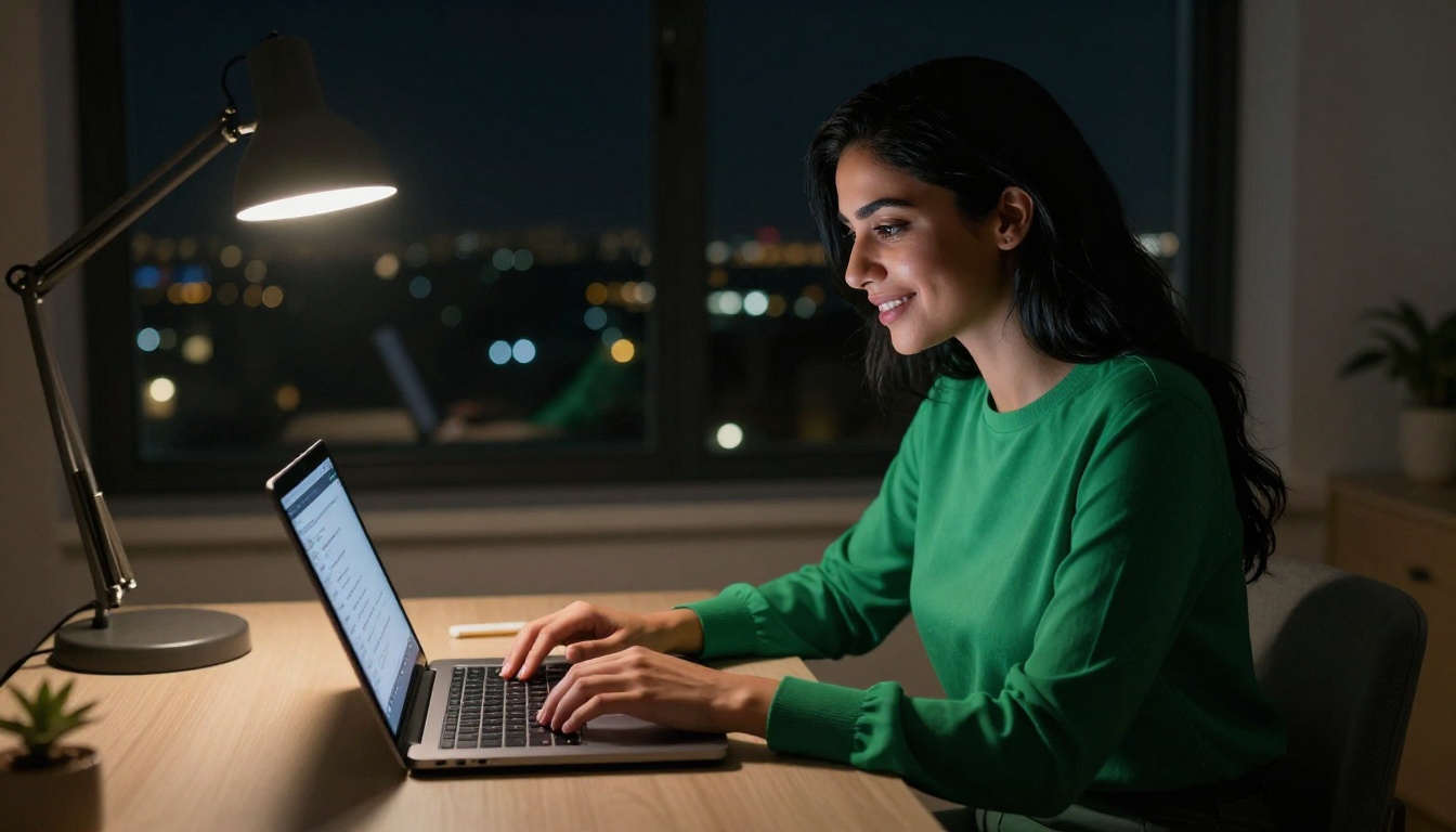 Middle Eastern woman smiling at her laptop screen late at night with city lights behind her