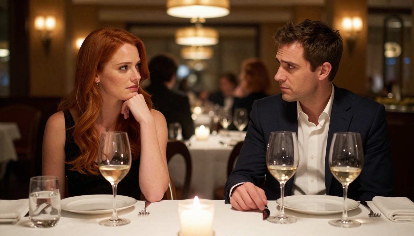 A couple on an awkward first date at a restaurant, wine glasses between them