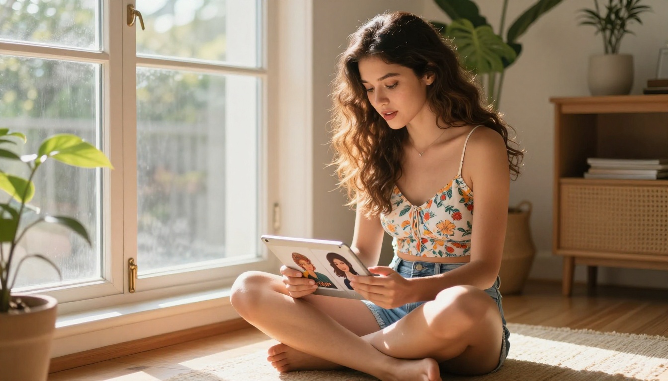Latina woman sitting on a window seat browsing through AI character portraits on a tablet