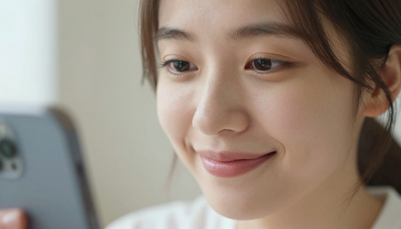 Close-up portrait of a Japanese woman smiling warmly while holding her phone