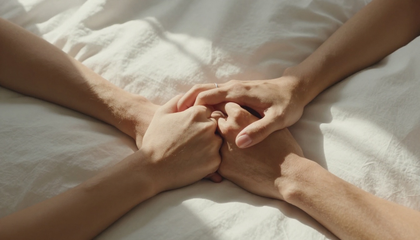 Intertwined hands intimate romantic moment morning light