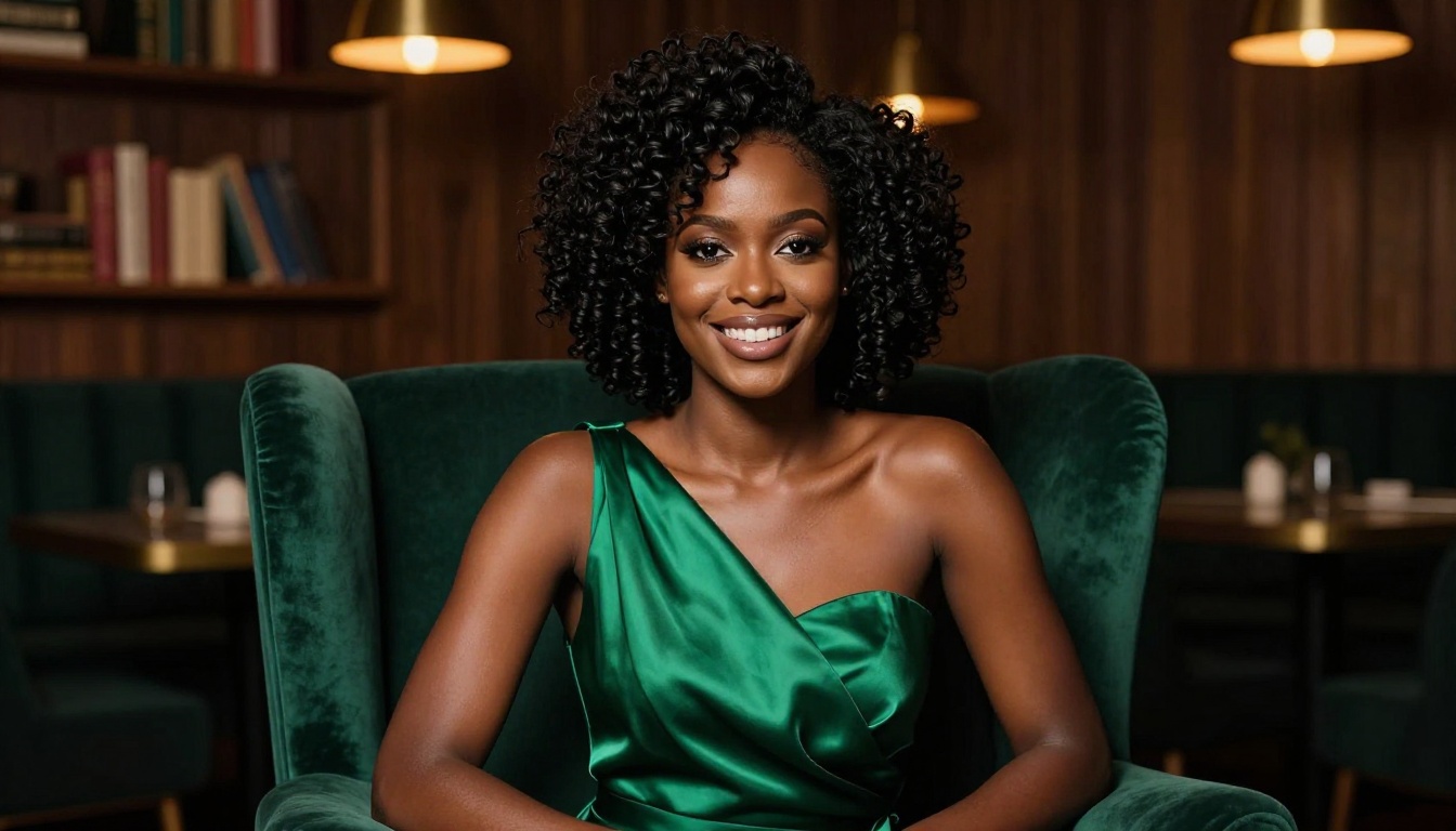 African woman elegant emerald dress lounge portrait