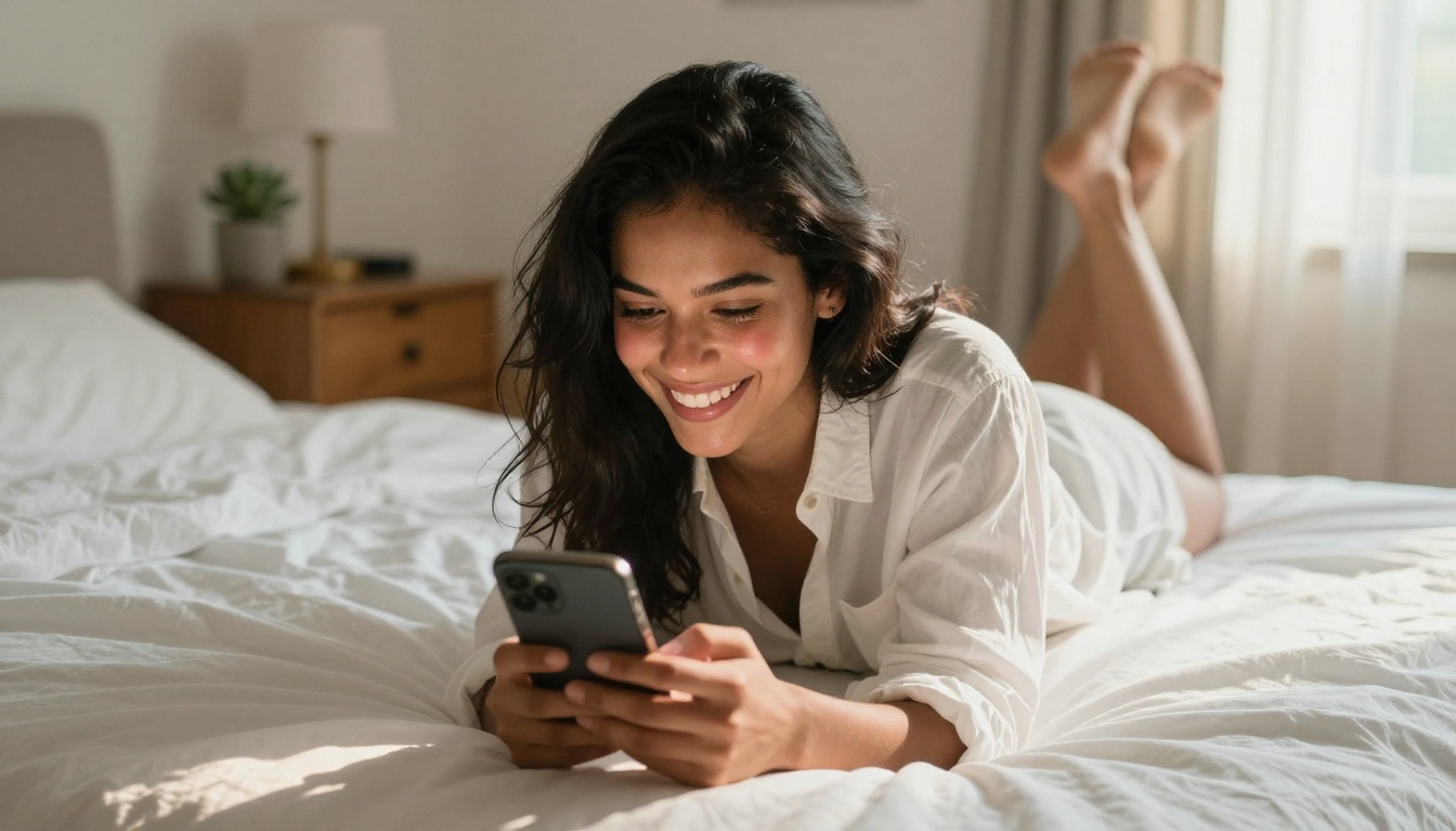 Woman chatting intimately on her phone in a warm bedroom setting
