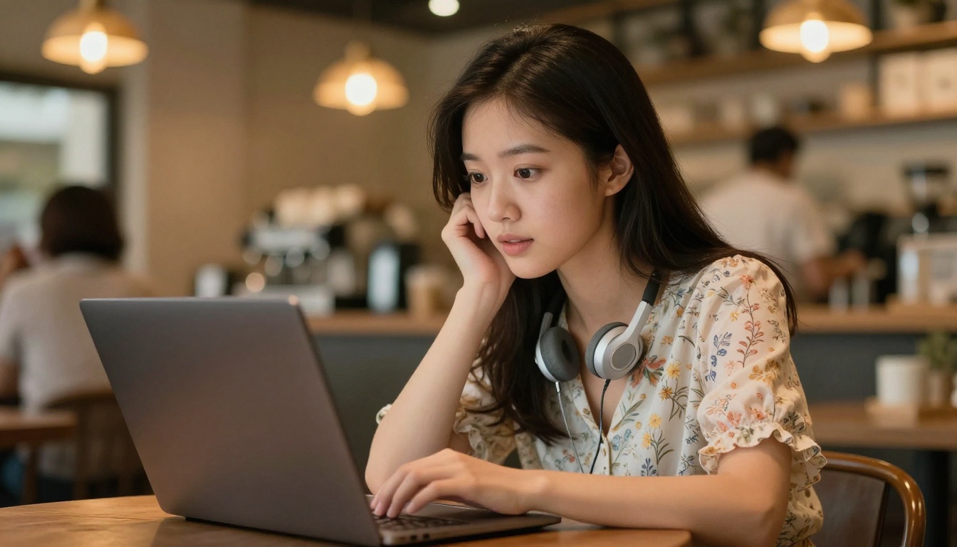 Asian woman in a cafe, engaged with her laptop