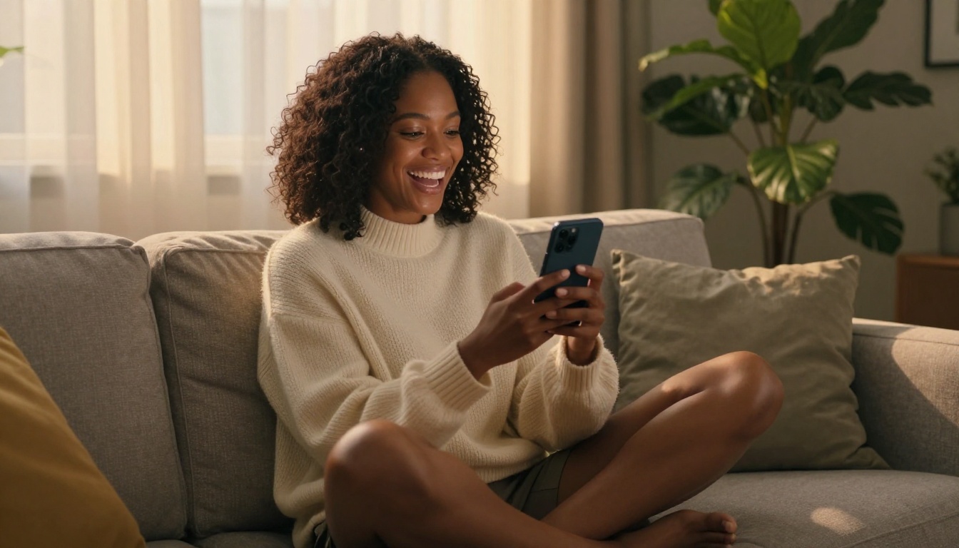 African American woman laughing on the couch with her phone