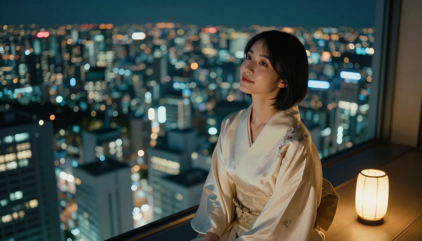 Japanese AI companion on private hotel balcony overlooking city at night