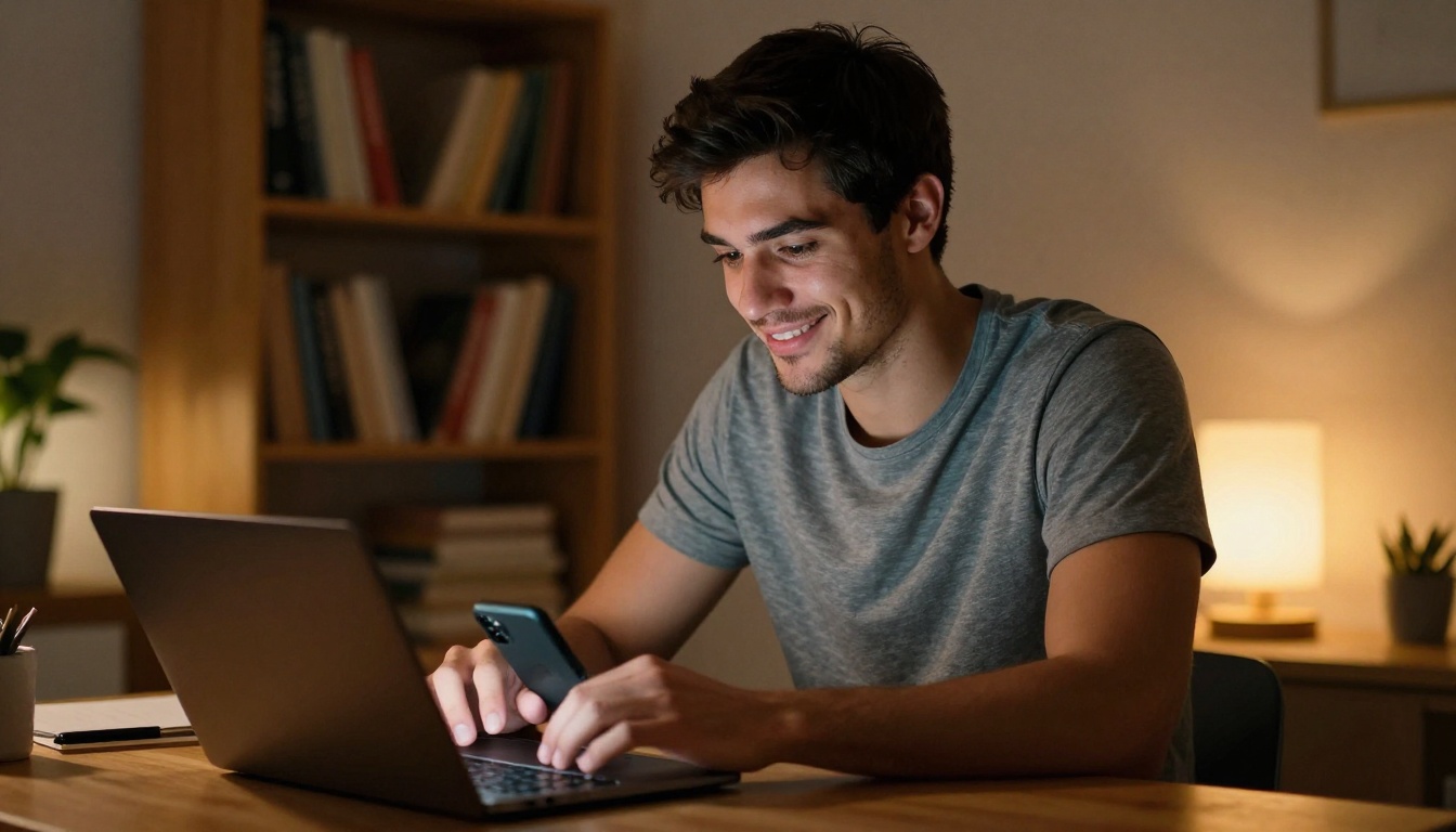 Man sitting at his desk late at night, warm amber desk lamp, relaxed smile while chatting on his phone
