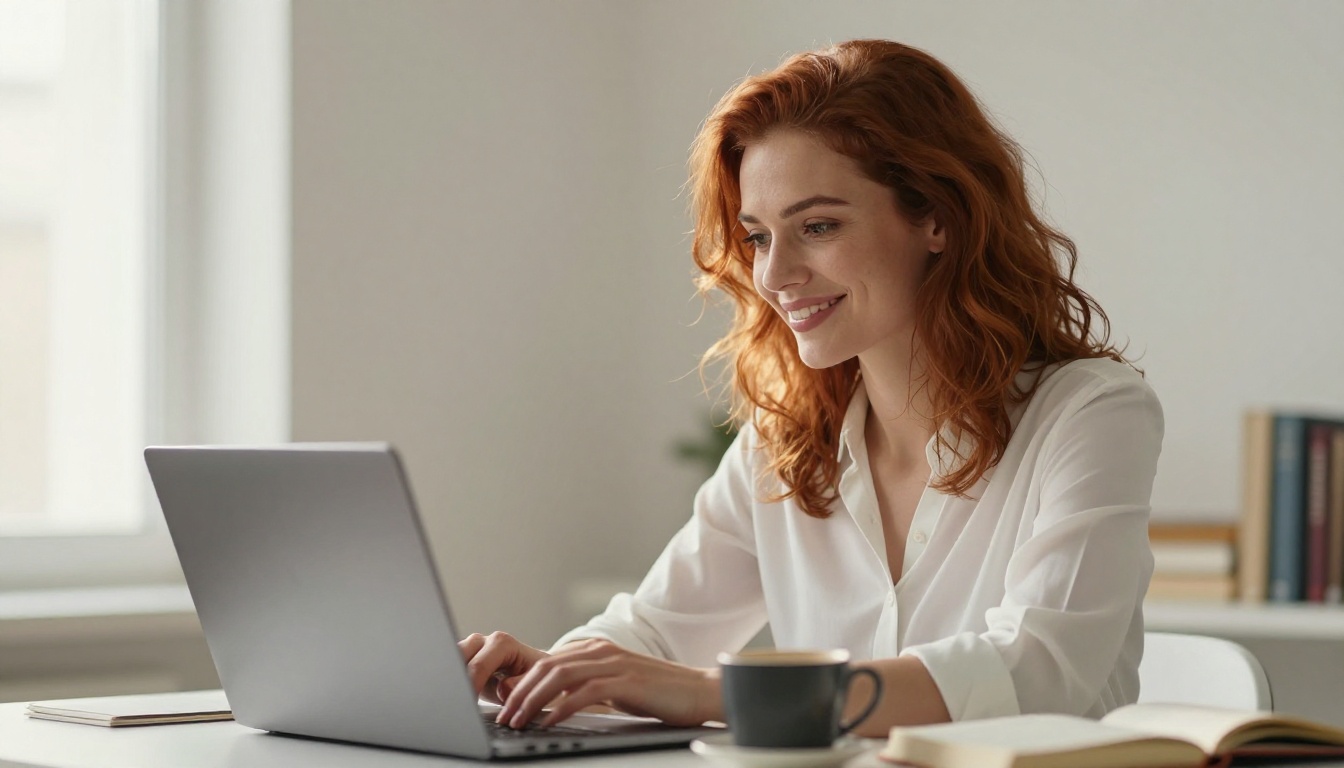 European woman with auburn hair smiling at her laptop