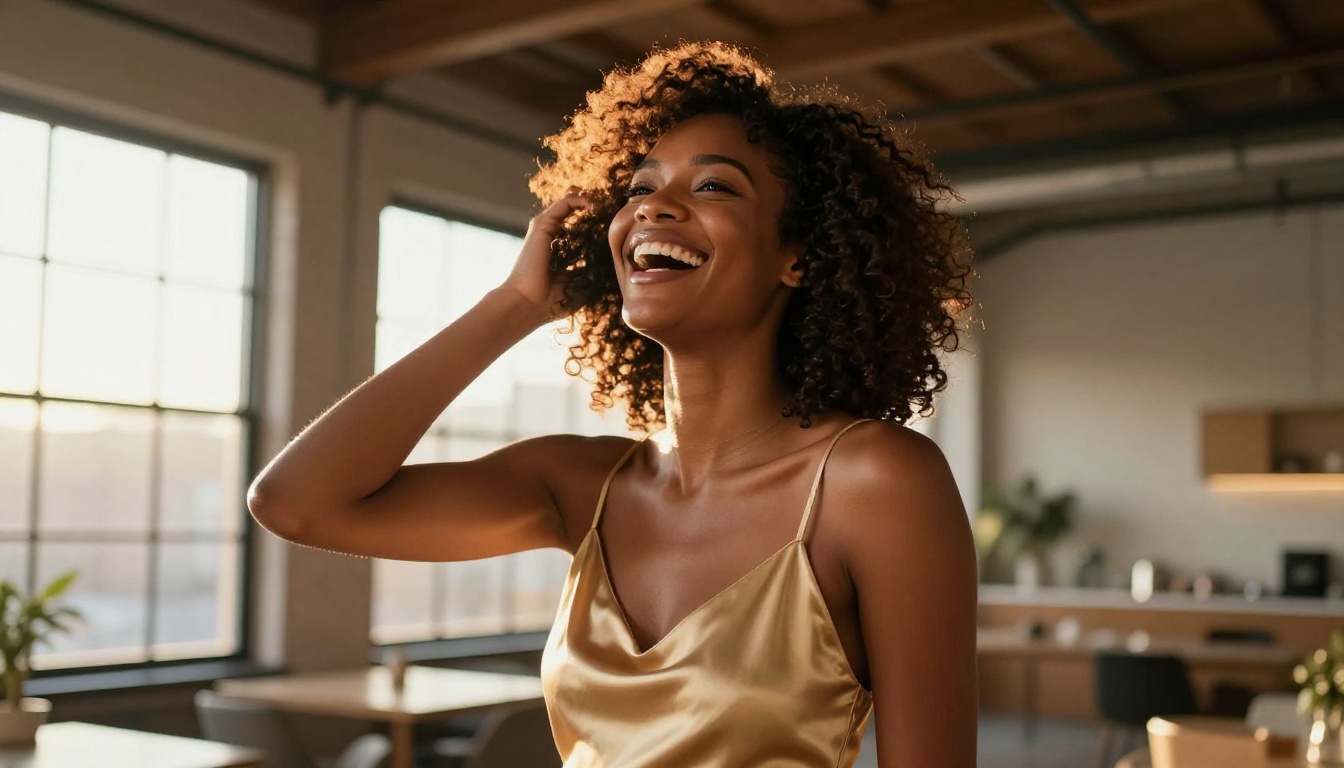 African American woman laughing candidly in golden hour sunlight in a loft apartment