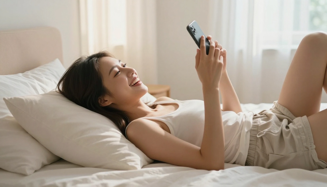 Beautiful Asian woman laughing on her bed, holding her phone with both hands, warm afternoon light through sheer curtains
