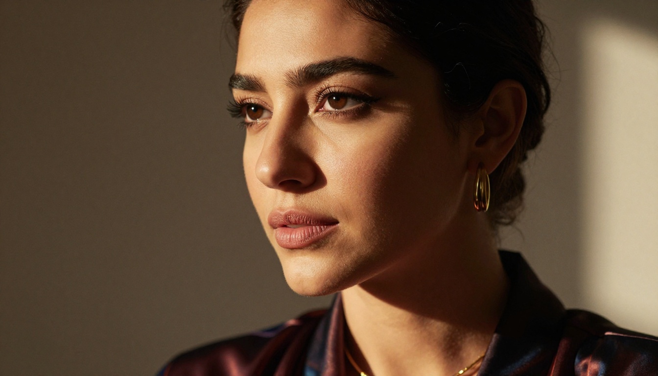 Middle Eastern woman with a dreamy, thoughtful expression