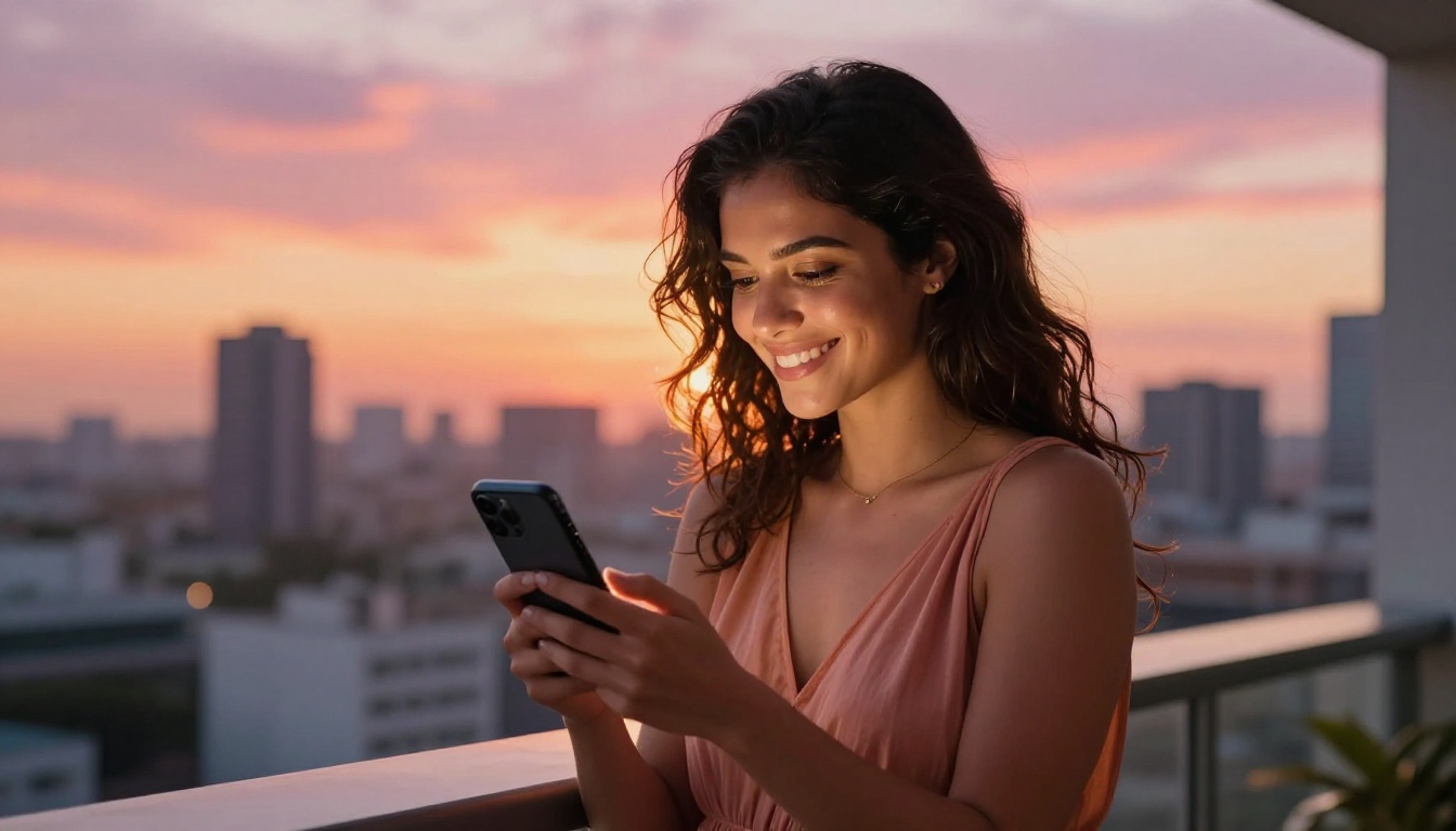 Stunning Latina woman on a balcony at golden hour, smiling warmly at her phone, city skyline glowing behind her