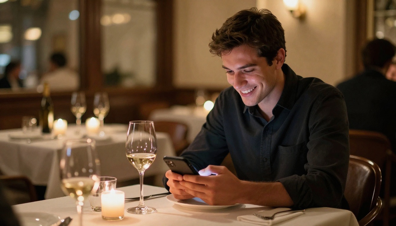 Man smiling at his phone at a romantic restaurant