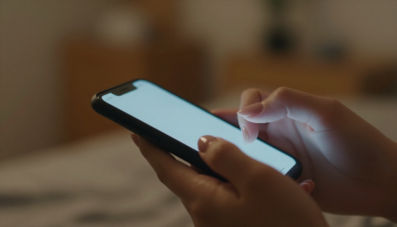 Close-up of feminine hands holding a smartphone, phone screen glowing warmly, beautiful shallow depth of field
